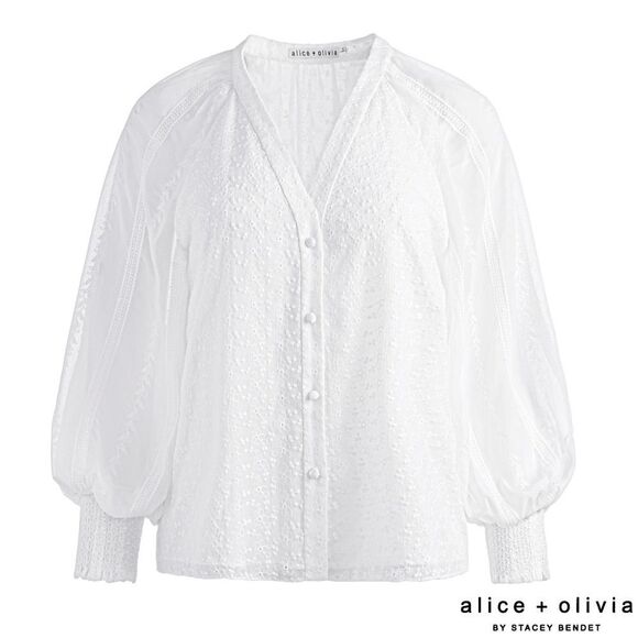 Alice + Olivia **NWT** Lang Embroidered Button Down Blouse in White - Picture 12 of 12